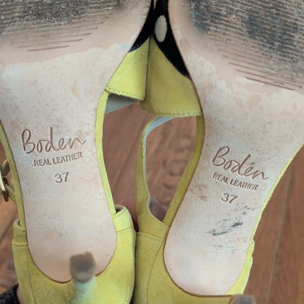 Boden Trisha Yellow and Black Polka Dot Cowhide Pointy Toe Strappy Heels - Picture 15 of 16